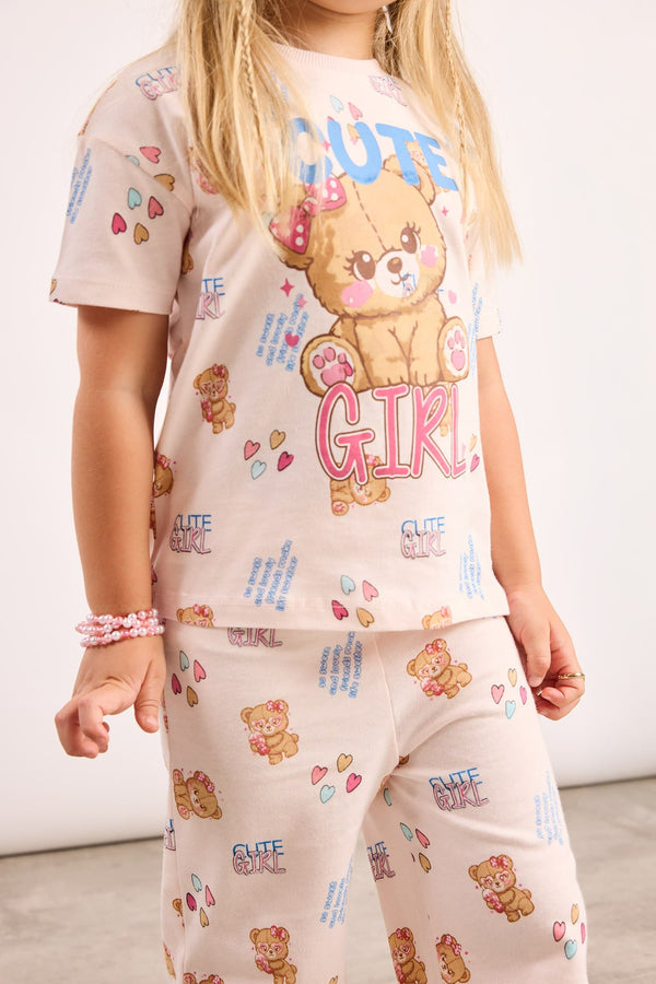 100% Cotton Regular Fit Teddy Bear 2 Pcs Light Pink Set Baby Girl