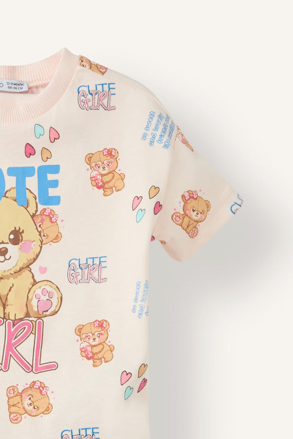 100% Cotton Regular Fit Teddy Bear 2 Pcs Light Pink Set Baby Girl