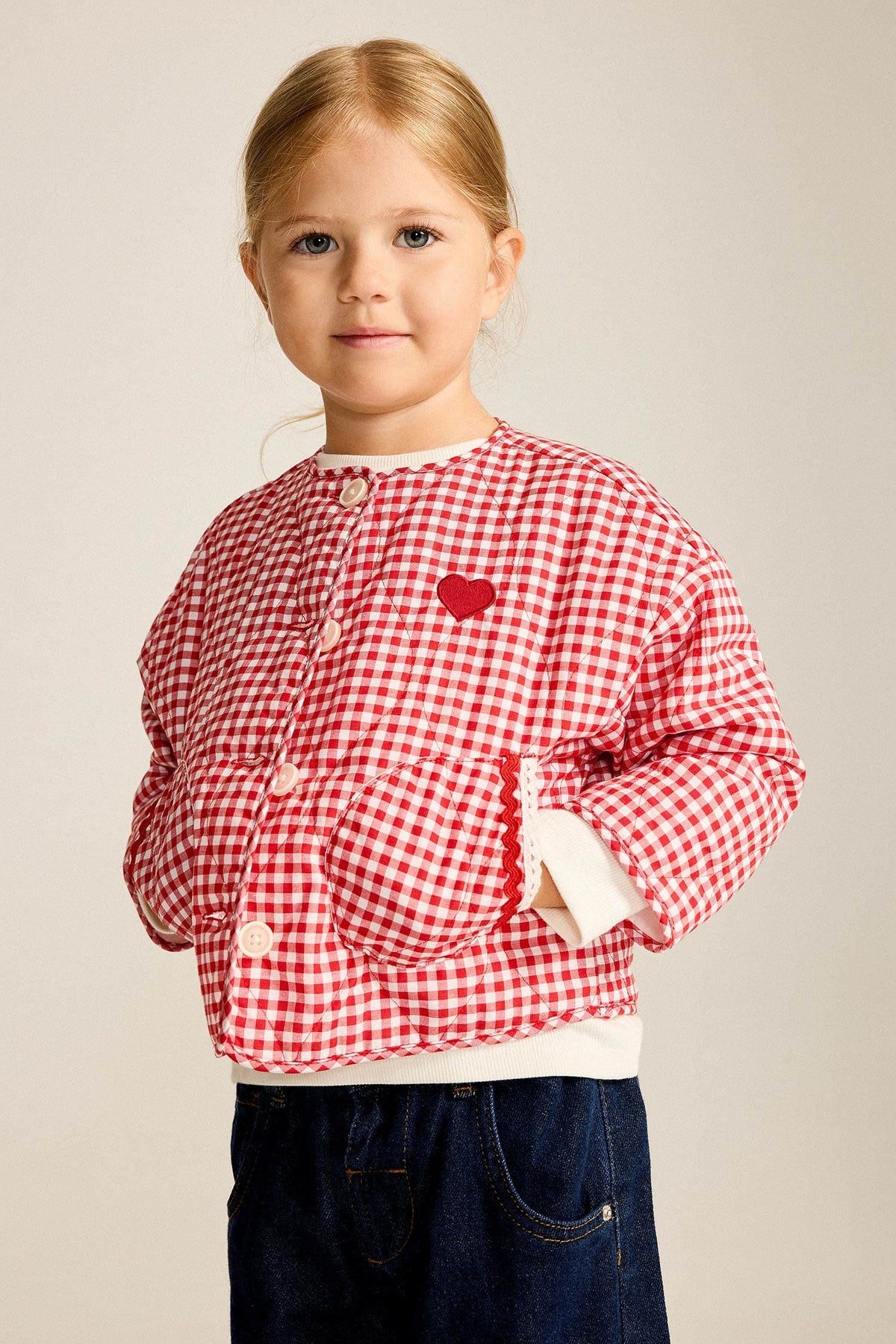 Ultra Soft Crew Neck Gingham Patterned Heart Detailed Quilted Coat Jacket Baby Girl