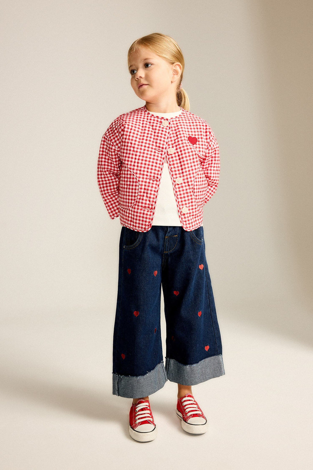 Ultra Soft Crew Neck Gingham Patterned Heart Detailed Quilted Coat Jacket Baby Girl