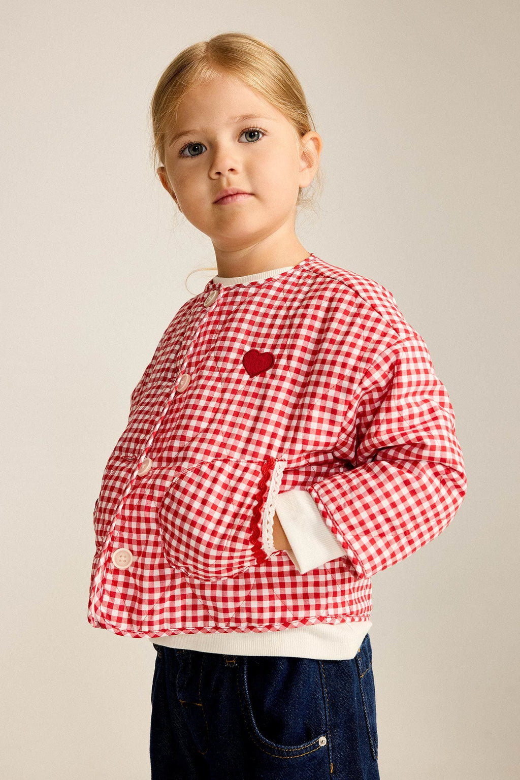 Ultra Soft Crew Neck Gingham Patterned Heart Detailed Quilted Coat Jacket Baby Girl