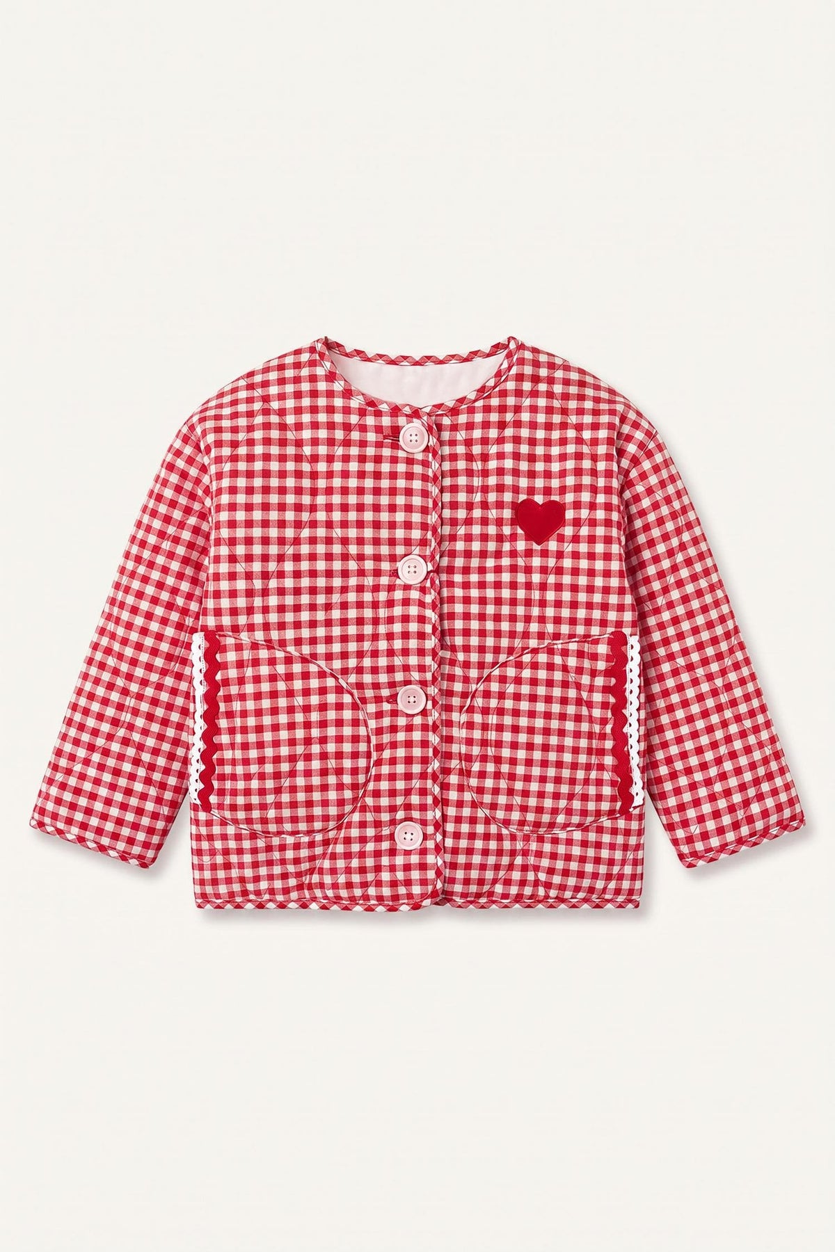 Ultra Soft Crew Neck Gingham Patterned Heart Detailed Quilted Coat Jacket Baby Girl
