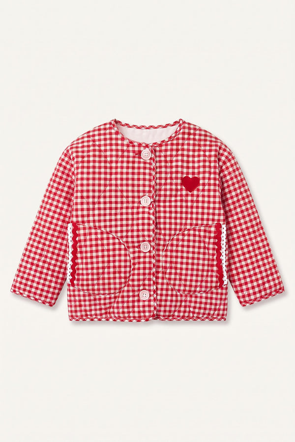 Ultra Soft Crew Neck Gingham Patterned Heart Detailed Quilted Coat Jacket Baby Girl