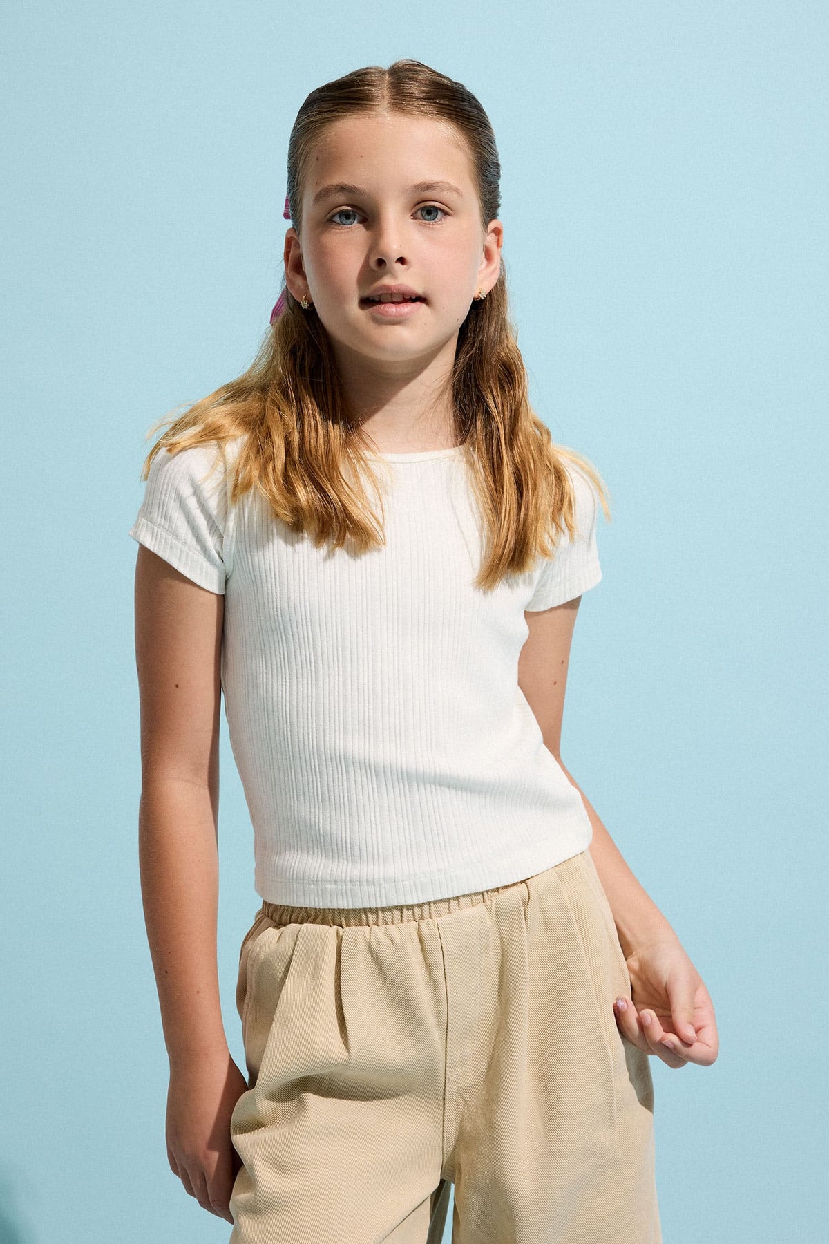 Crew Neck Ribbed Short Sleeve Ecru T-Shirt Girl Main image