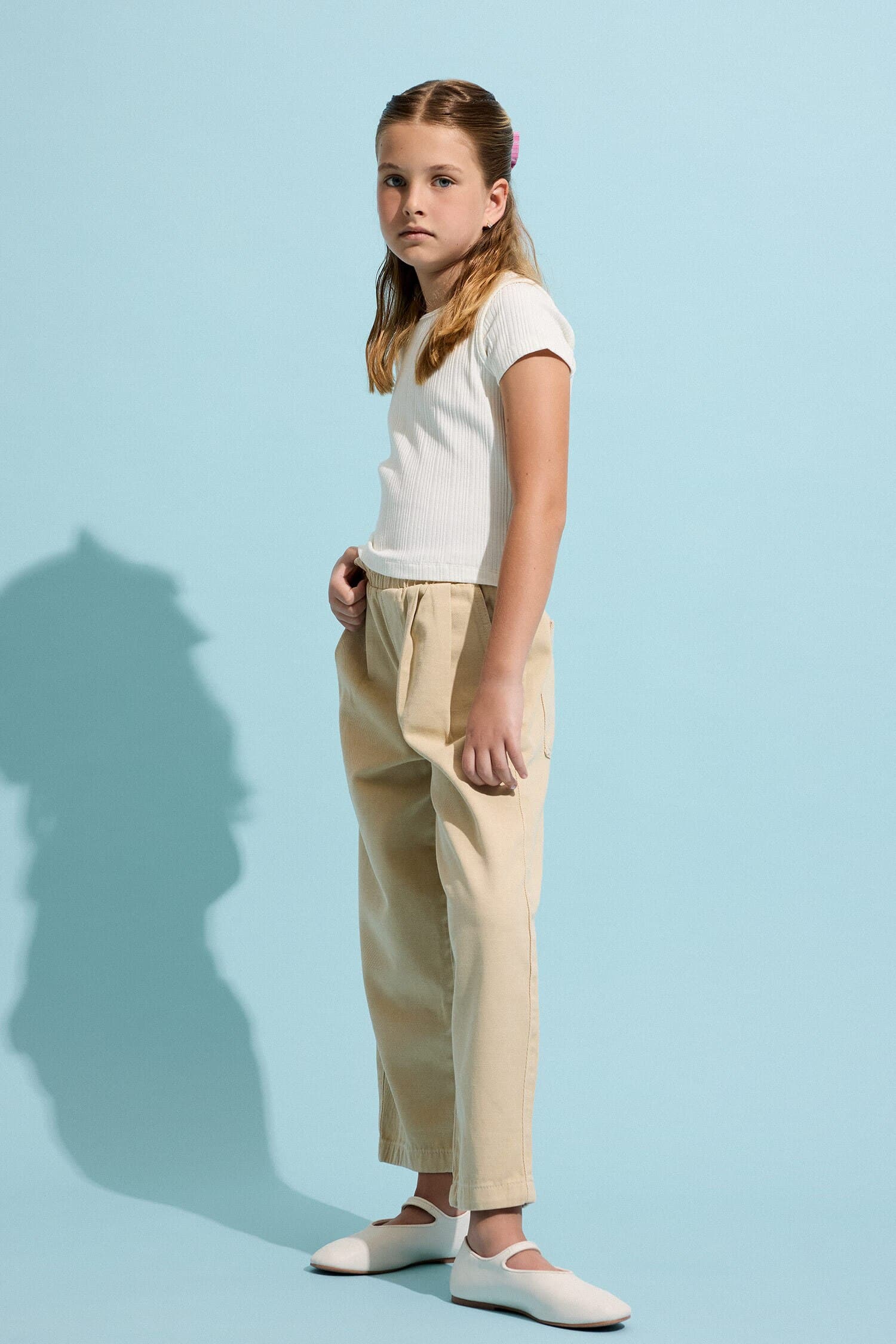 Crew Neck Ribbed Short Sleeve Ecru T-Shirt Girl Secondary image