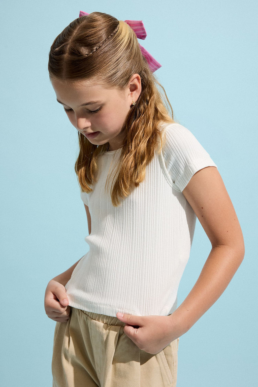 Crew Neck Ribbed Short Sleeve Ecru T-Shirt Girl