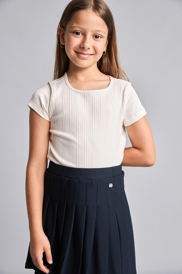 Crew Neck Ribbed Short Sleeve Ecru T-Shirt Girl