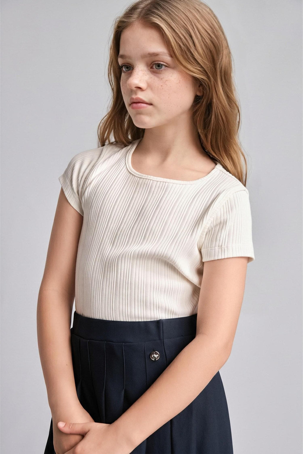 Crew Neck Ribbed Short Sleeve Ecru T-Shirt Girl
