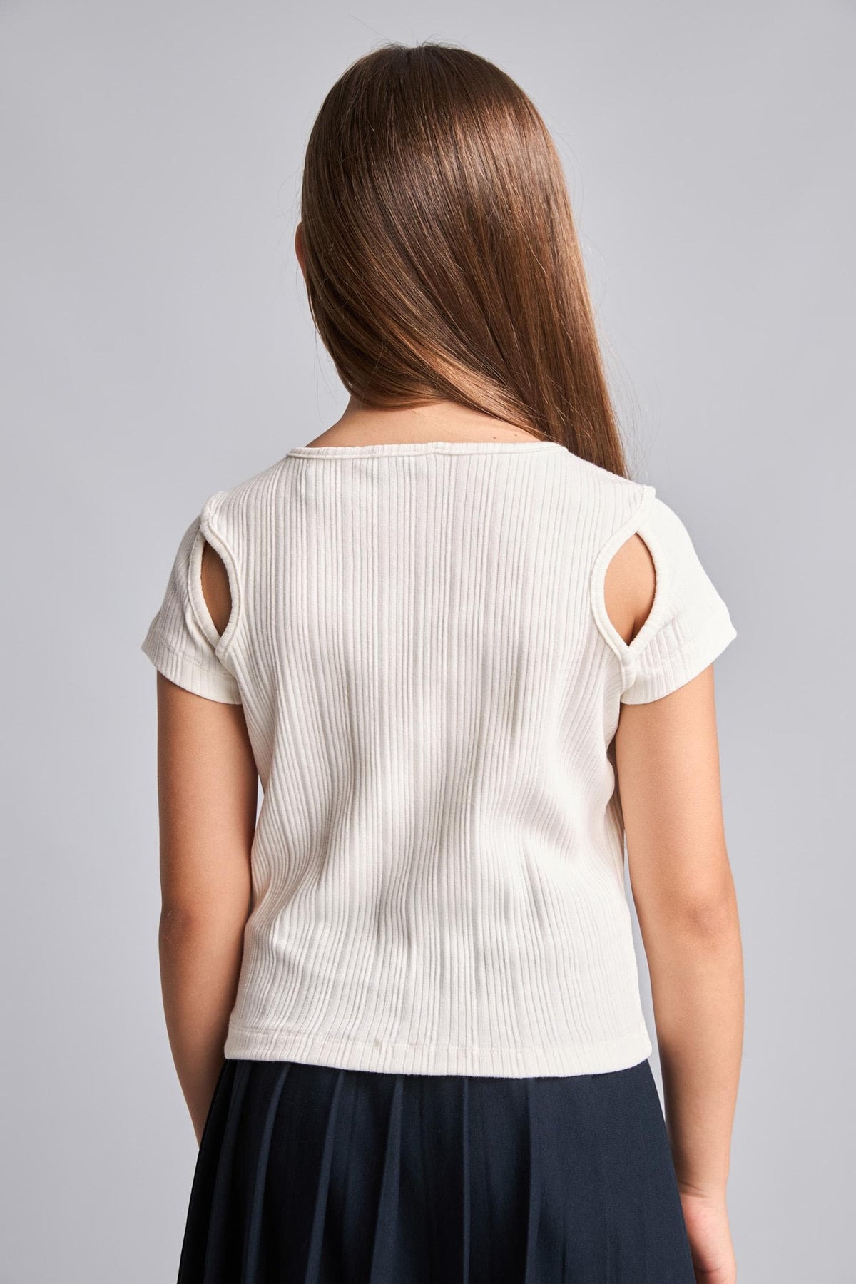 Crew Neck Ribbed Short Sleeve Ecru T-Shirt Girl