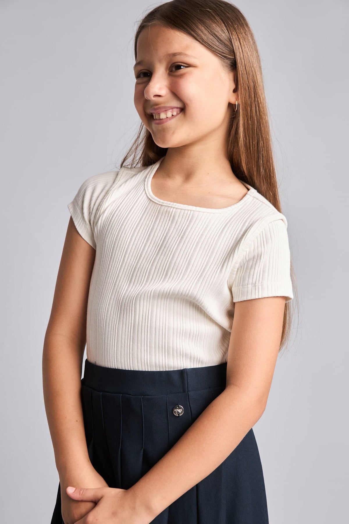 Crew Neck Ribbed Short Sleeve Ecru T-Shirt Girl