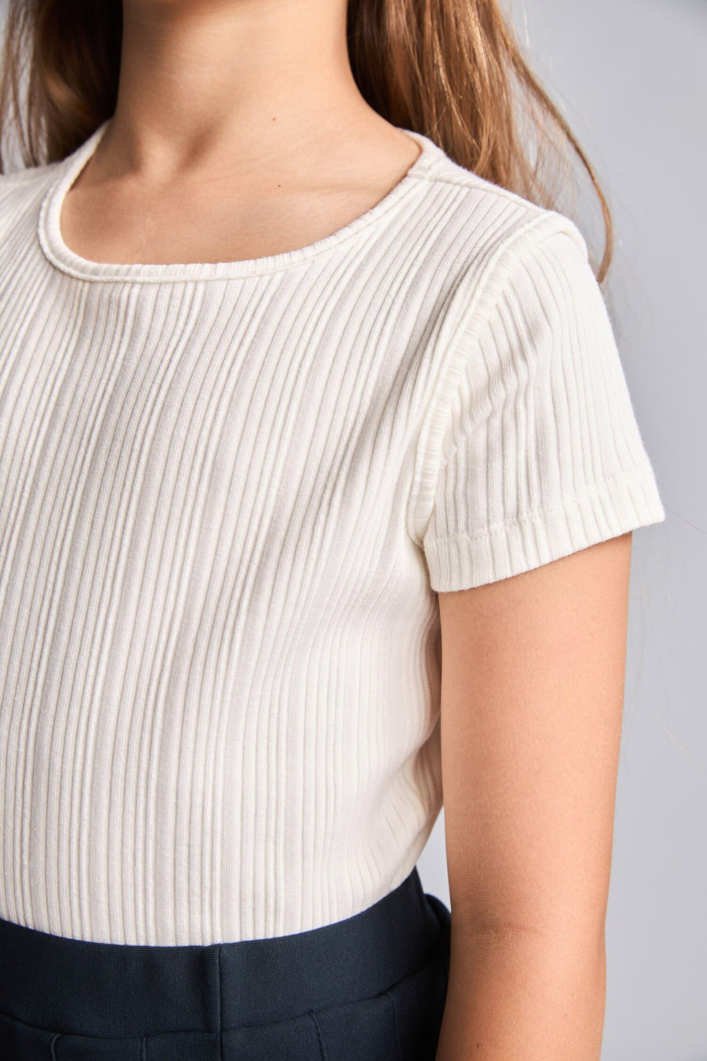Crew Neck Ribbed Short Sleeve Ecru T-Shirt Girl