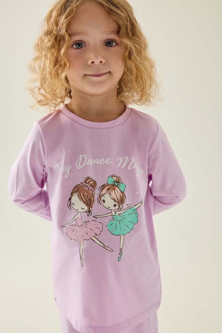 Crew Neck Printed Top Elastic Leg Bottom 2 Pcs Pajama Set Baby Girl