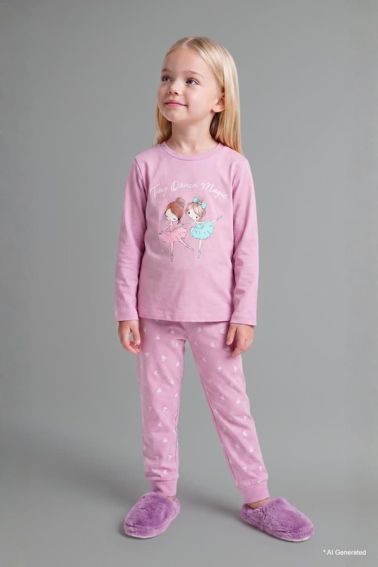 Crew Neck Printed Top Elastic Leg Bottom 2 Pcs Pajama Set Baby Girl