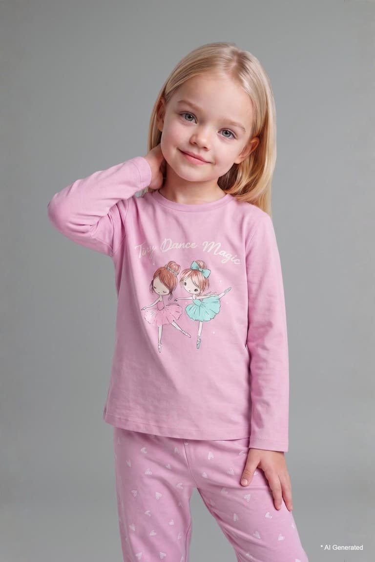 Crew Neck Printed Top Elastic Leg Bottom 2 Pcs Pajama Set Baby Girl
