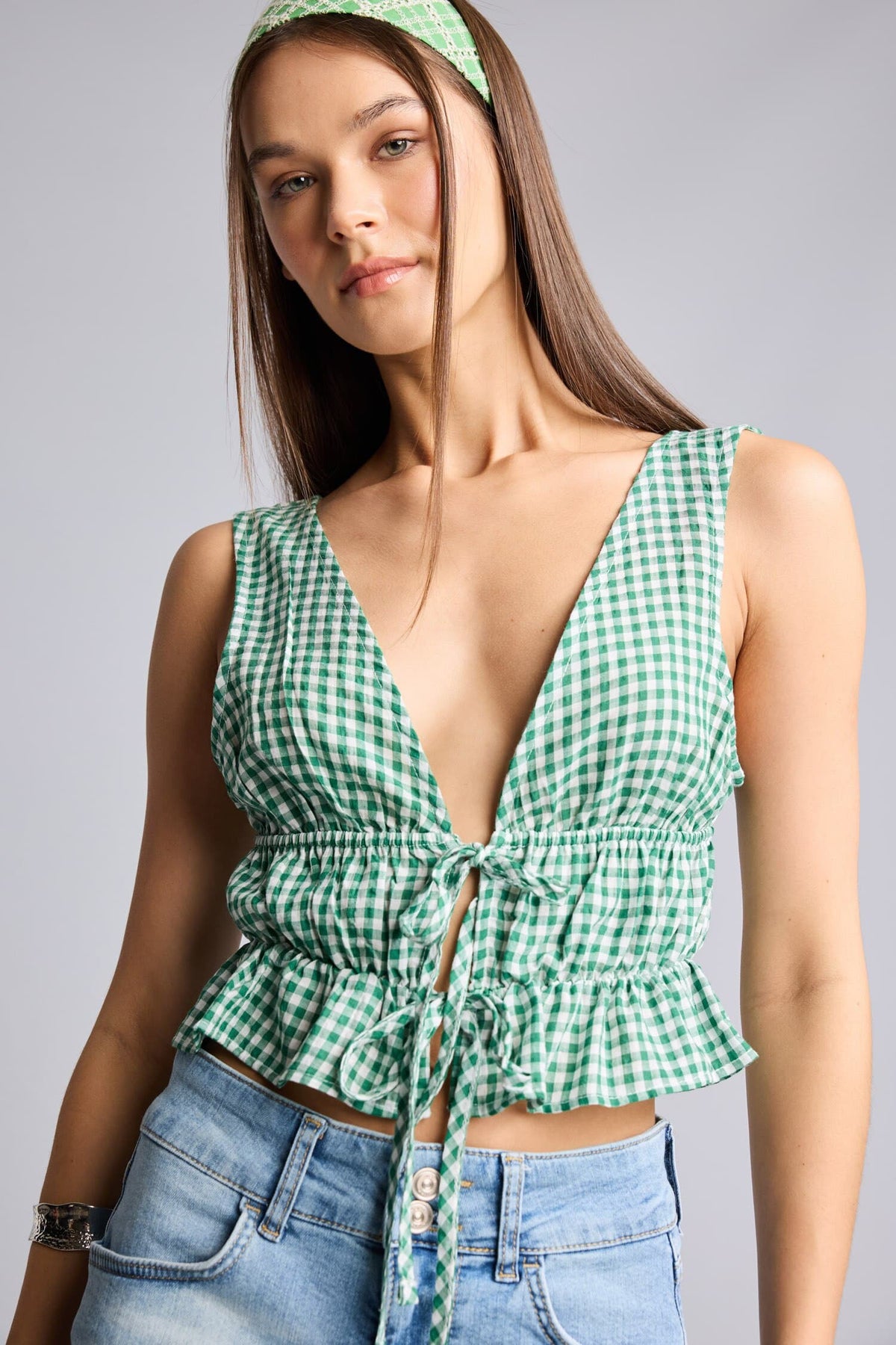 Fit Sleeveless Gingham Green Blouse Main image
