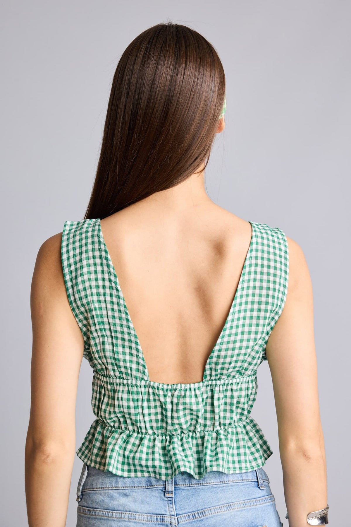 Fit Sleeveless Gingham Green Blouse