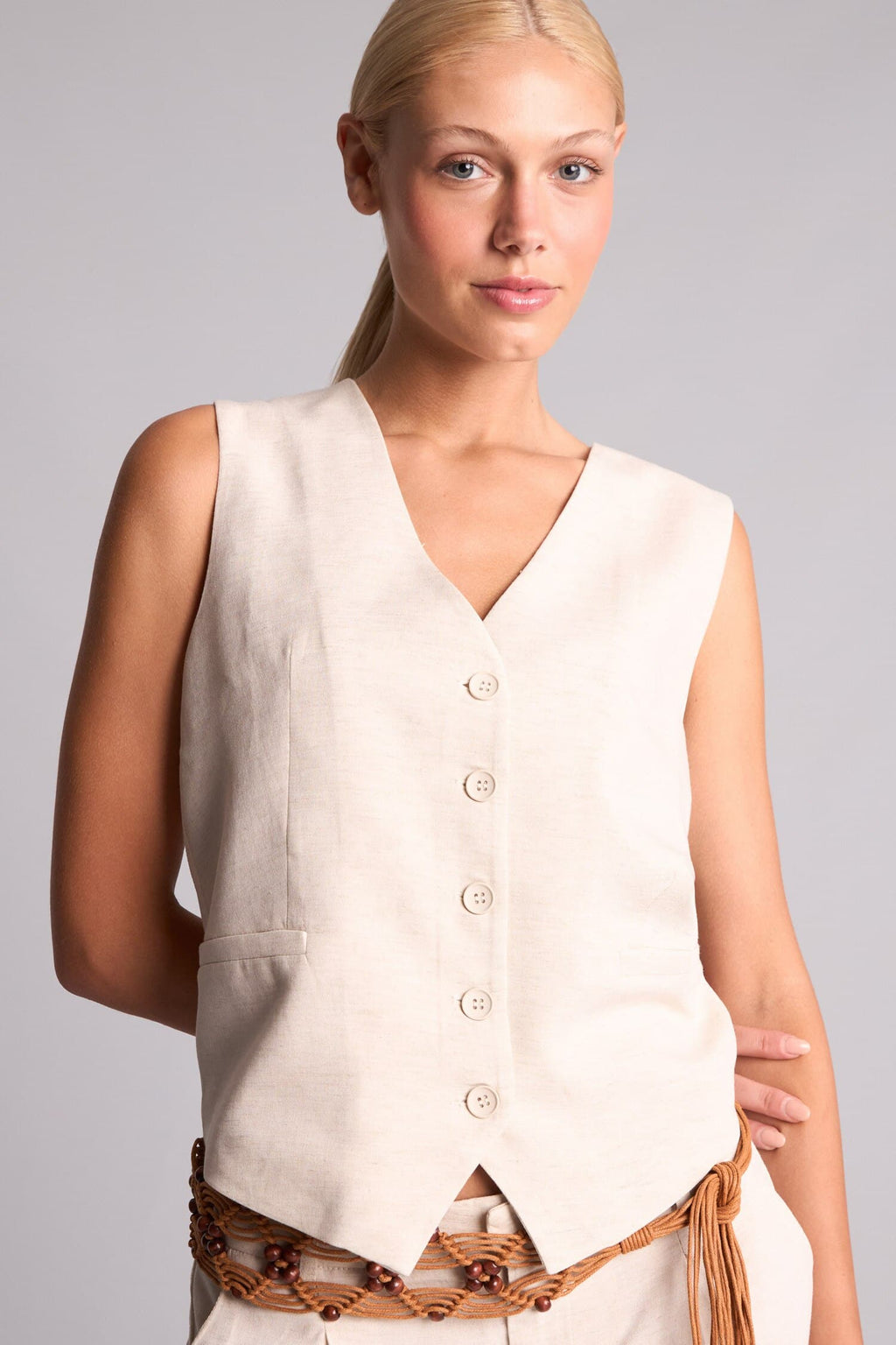 Regular Fit V-Neck Linen Blend Natural Open Beige Vest