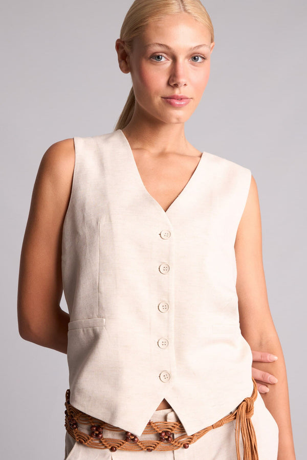 Regular Fit V-Neck Linen Blend Natural Open Beige Vest