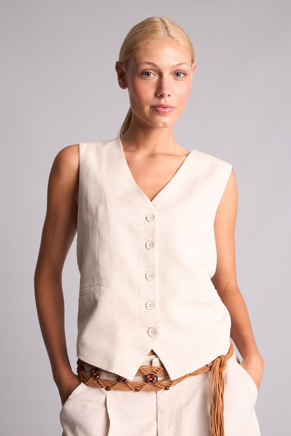 Regular Fit V-Neck Linen Blend Natural Open Beige Vest