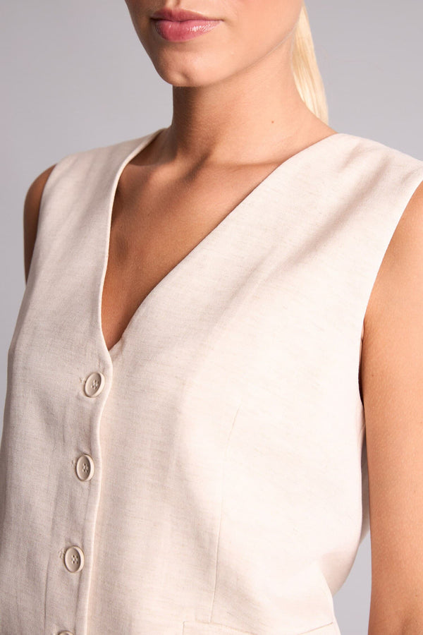 Regular Fit V-Neck Linen Blend Natural Open Beige Vest
