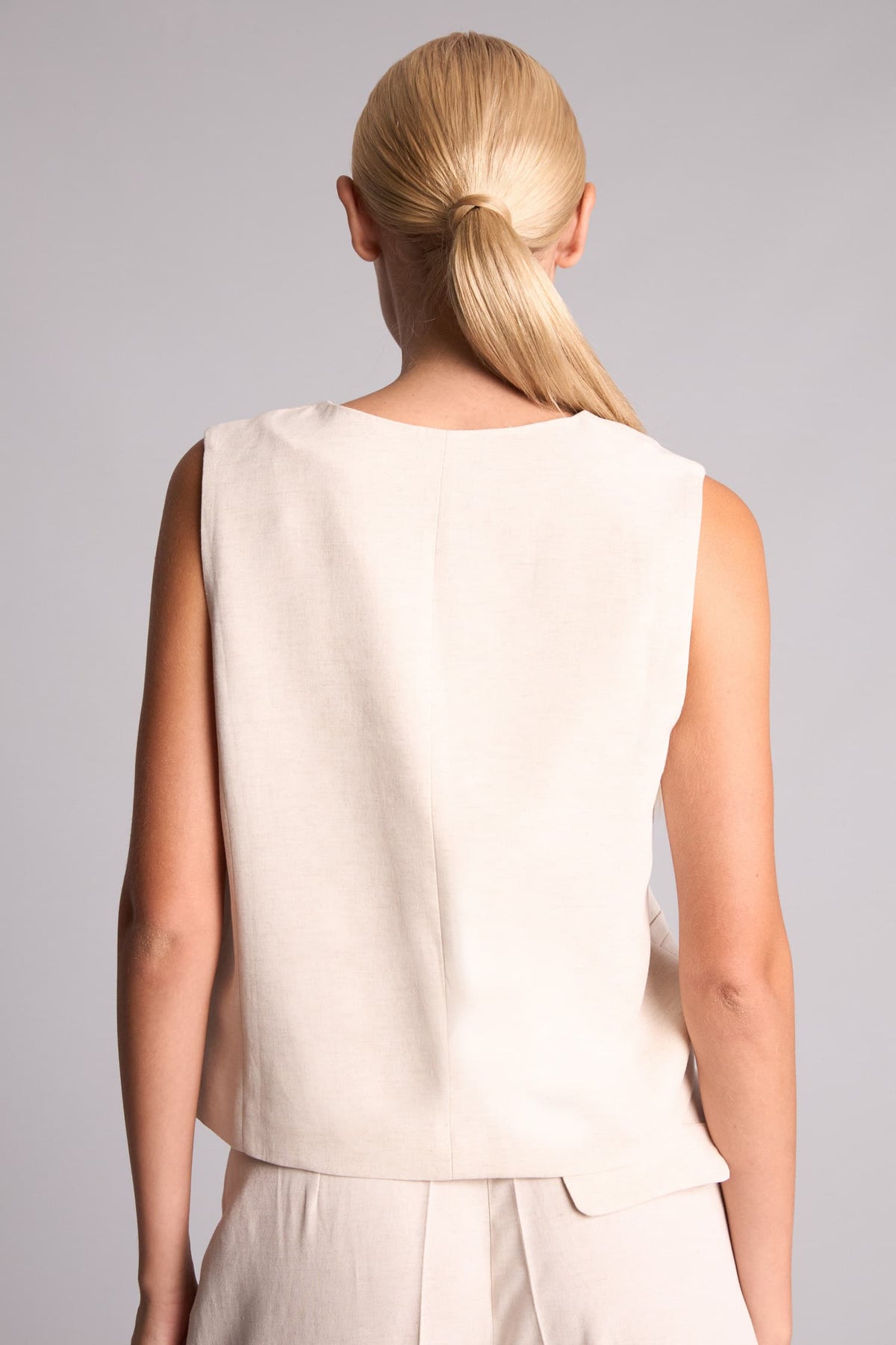 Regular Fit V-Neck Linen Blend Natural Open Beige Vest
