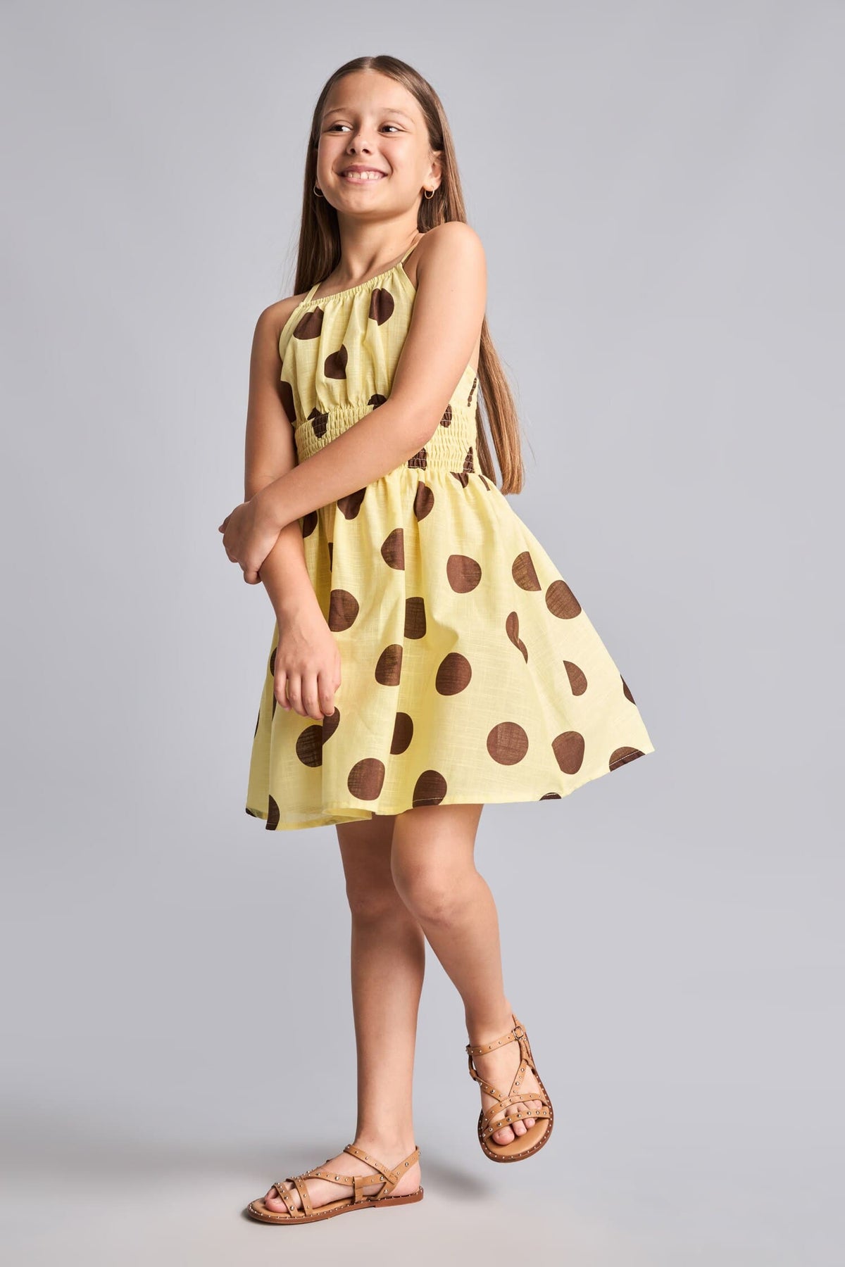 100% Cotton Sleeveless Light Yellow Polka Dot Mini Dress Girls