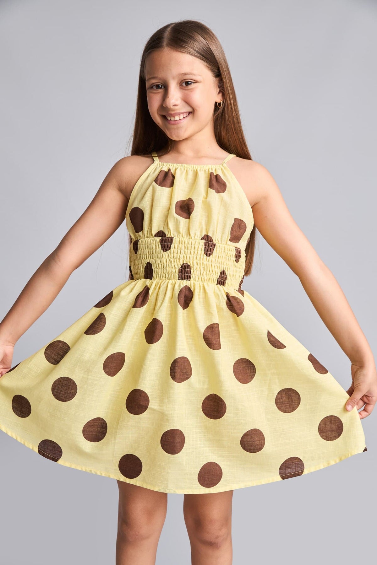100% Cotton Sleeveless Light Yellow Polka Dot Mini Dress Girls