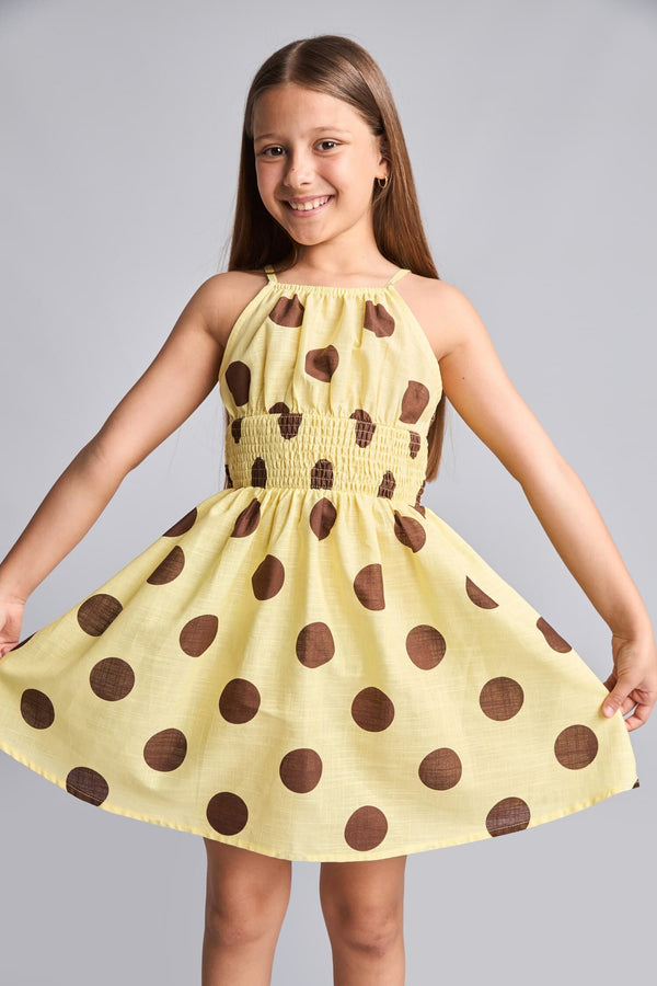 100% Cotton Sleeveless Light Yellow Polka Dot Mini Dress Girls