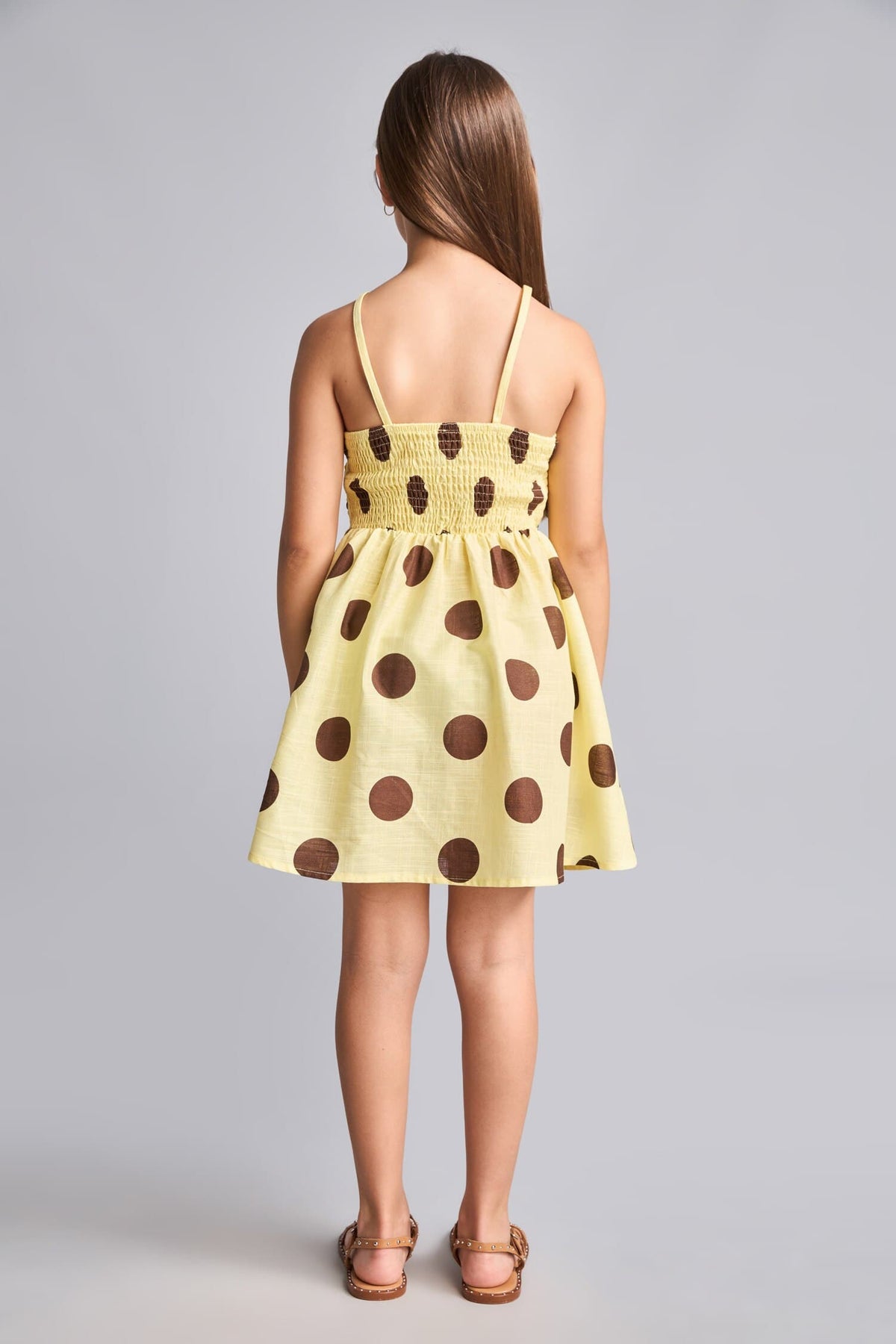 100% Cotton Sleeveless Light Yellow Polka Dot Mini Dress Girls