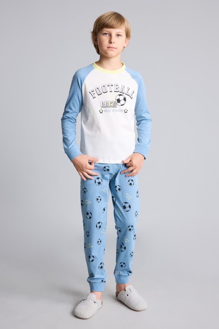 100% Cotton Regular Fit Football Printed Raglan Sleeves Elastic Leg Bottom 2 Pcs Pajama Set Boys
