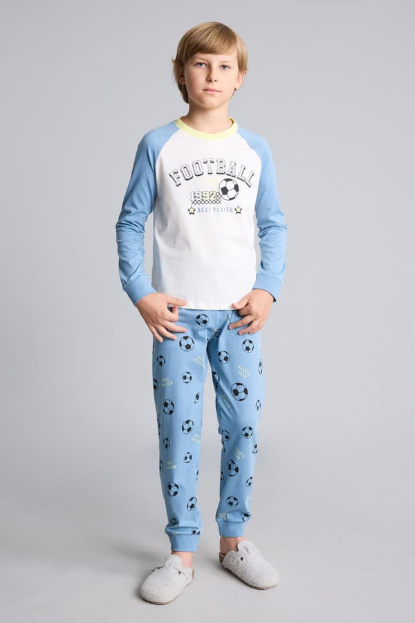 100% Cotton Regular Fit Football Printed Raglan Sleeves Elastic Leg Bottom 2 Pcs Pajama Set Boys