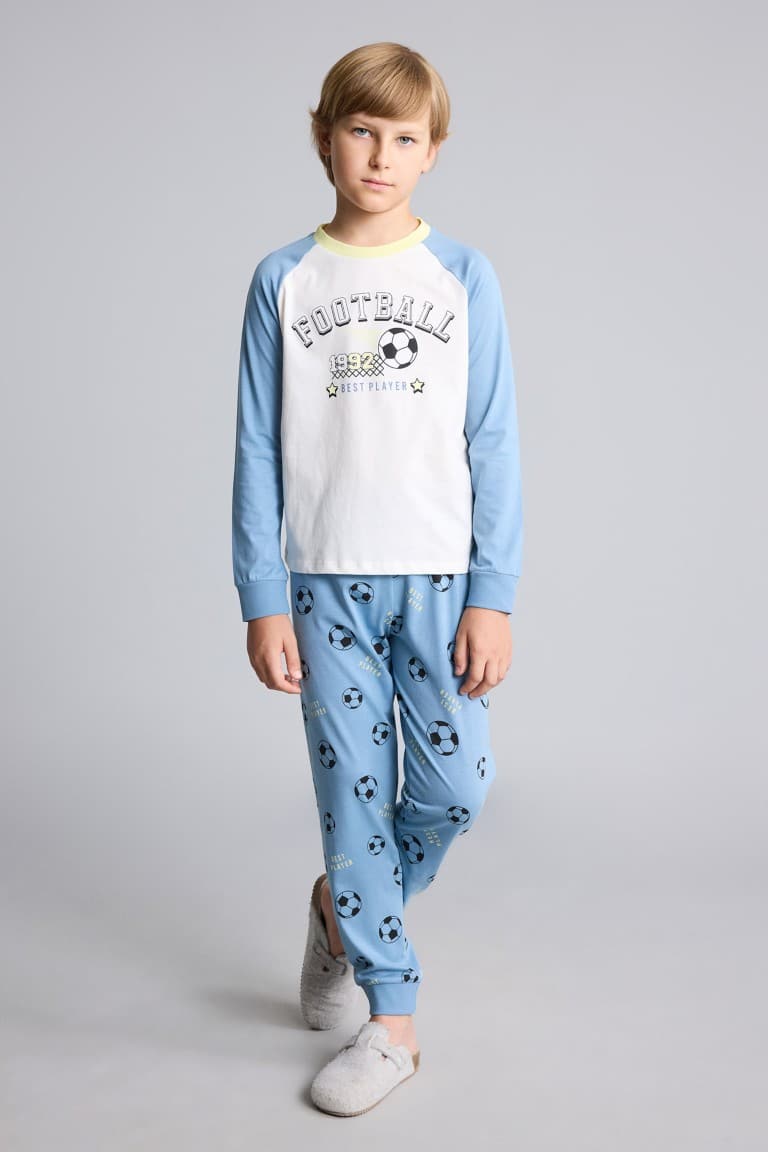 100% Cotton Regular Fit Football Printed Raglan Sleeves Elastic Leg Bottom 2 Pcs Pajama Set Boys