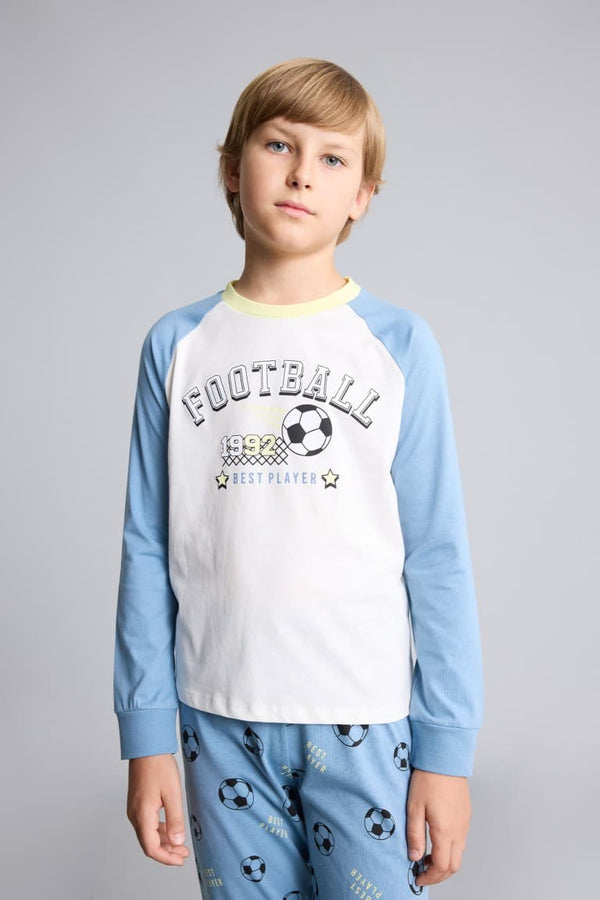 100% Cotton Regular Fit Football Printed Raglan Sleeves Elastic Leg Bottom 2 Pcs Pajama Set Boys