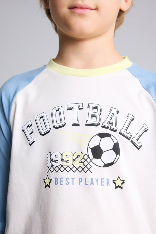 100% Cotton Regular Fit Football Printed Raglan Sleeves Elastic Leg Bottom 2 Pcs Pajama Set Boys
