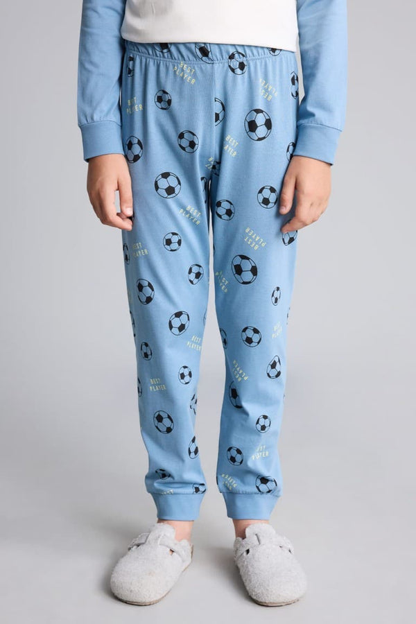 100% Cotton Regular Fit Football Printed Raglan Sleeves Elastic Leg Bottom 2 Pcs Pajama Set Boys
