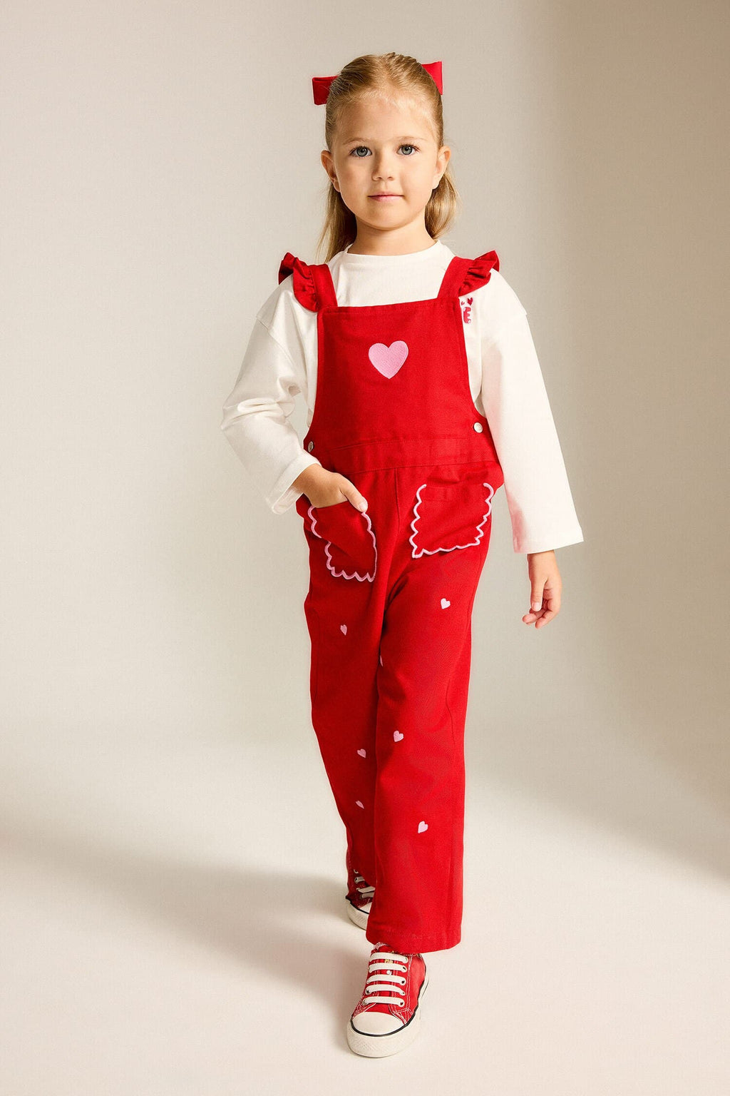 100% Cotton Baby Girl Heart Patterned Gabardine Salopette Jumpsuit