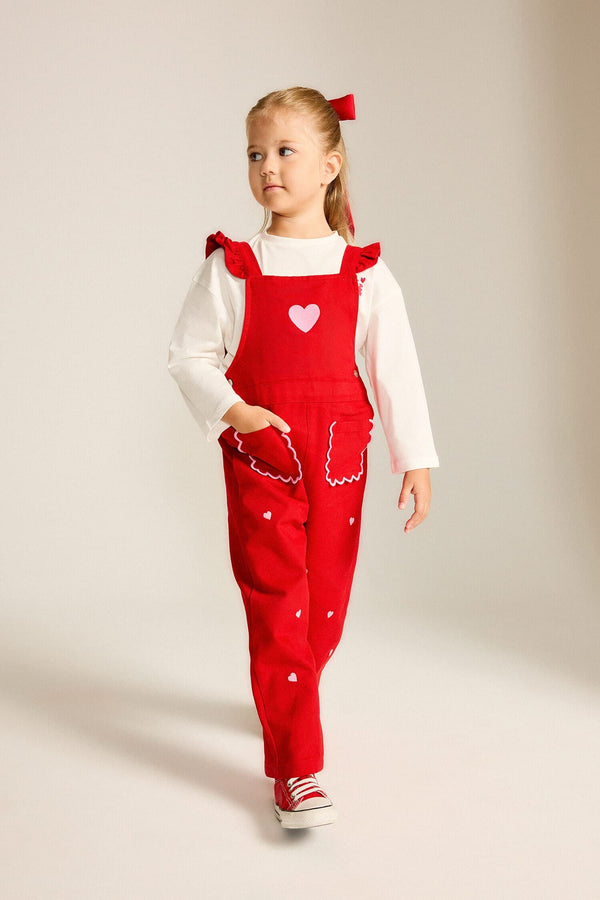 100% Cotton Baby Girl Heart Patterned Gabardine Salopette Jumpsuit