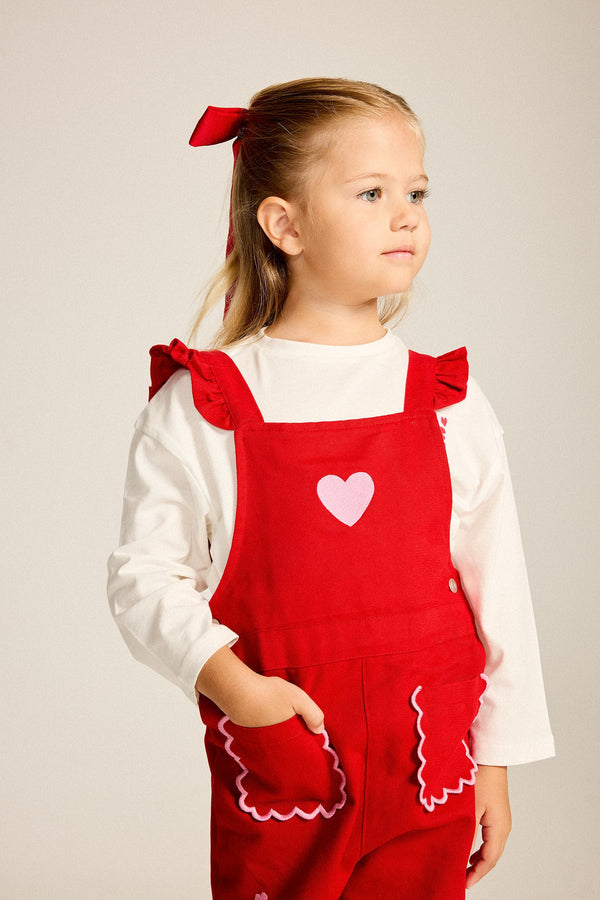 100% Cotton Baby Girl Heart Patterned Gabardine Salopette Jumpsuit