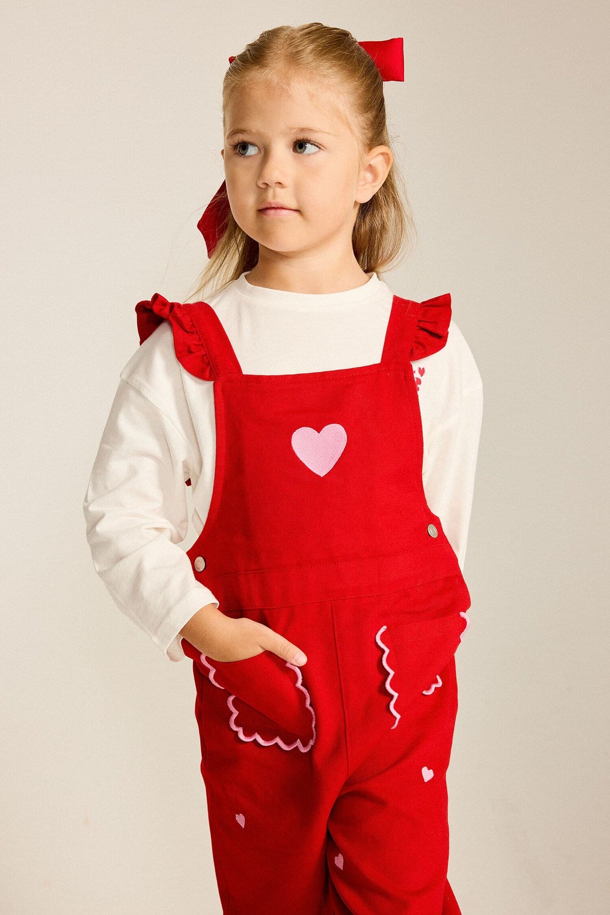100% Cotton Baby Girl Heart Patterned Gabardine Salopette Jumpsuit