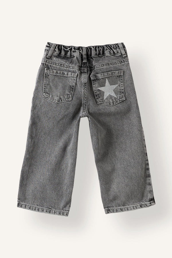 100% Cotton Wide Leg Wide Leg Glitter Star Embroidered Jeans Baby Girl