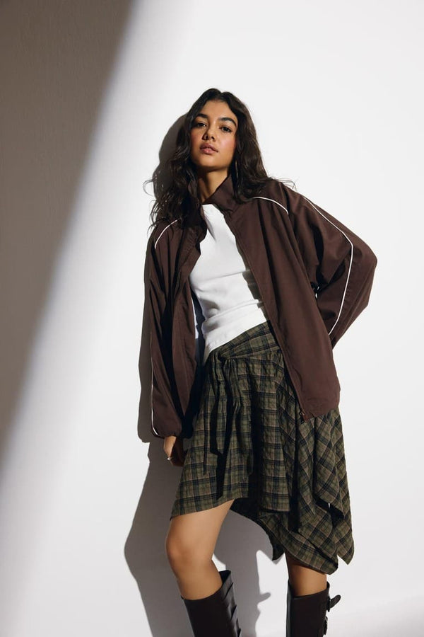 Cotton Asymmetrical Cut Check Normal Waist Mi Open Khaki Skirt