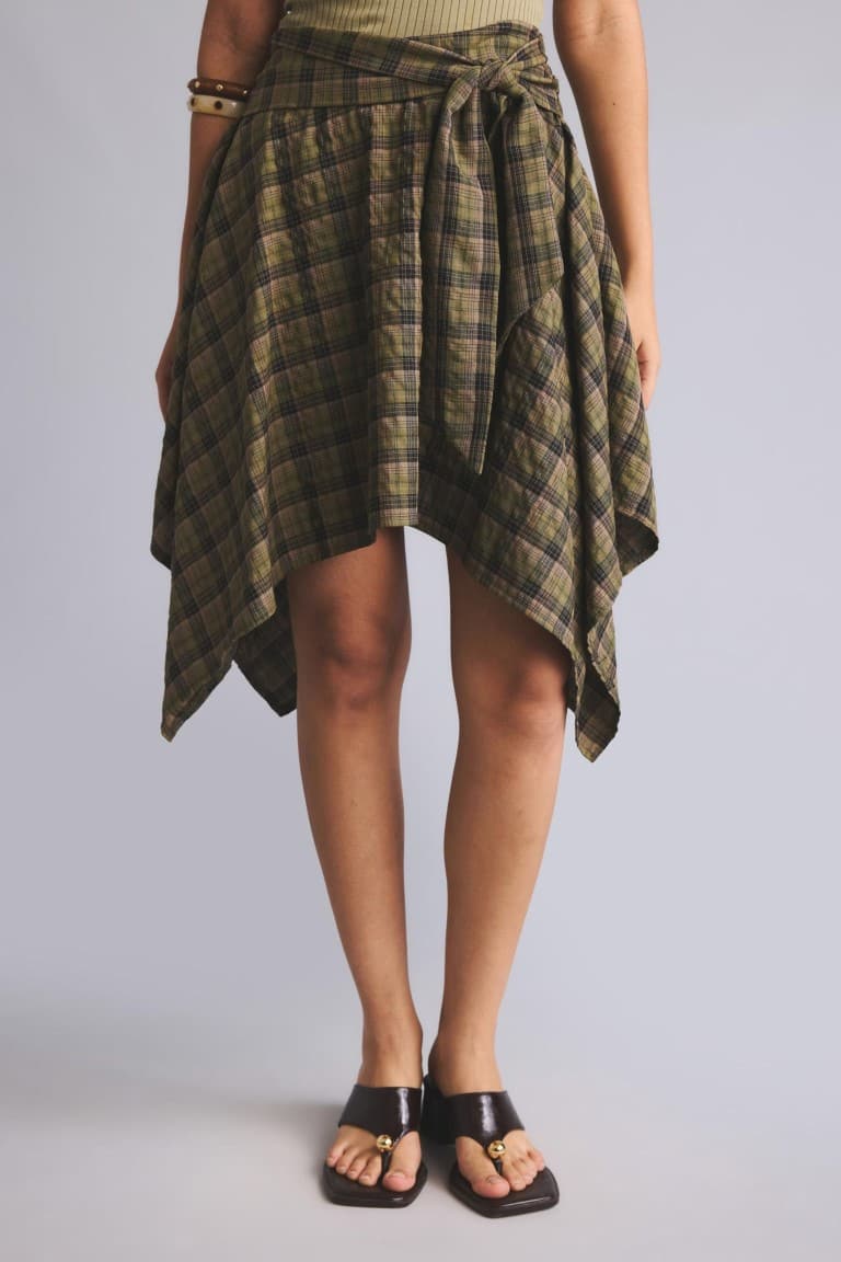 Cotton Asymmetrical Cut Check Normal Waist Mi Open Khaki Skirt