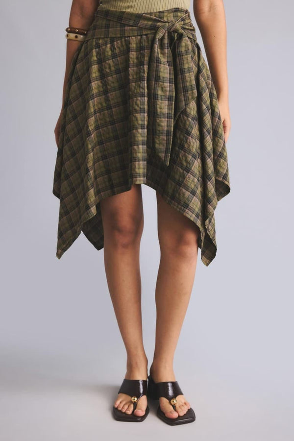 Cotton Asymmetrical Cut Check Normal Waist Mi Open Khaki Skirt