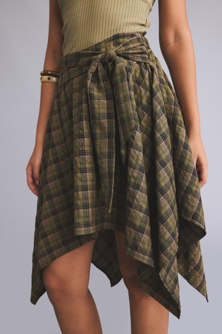 Cotton Asymmetrical Cut Check Normal Waist Mi Open Khaki Skirt
