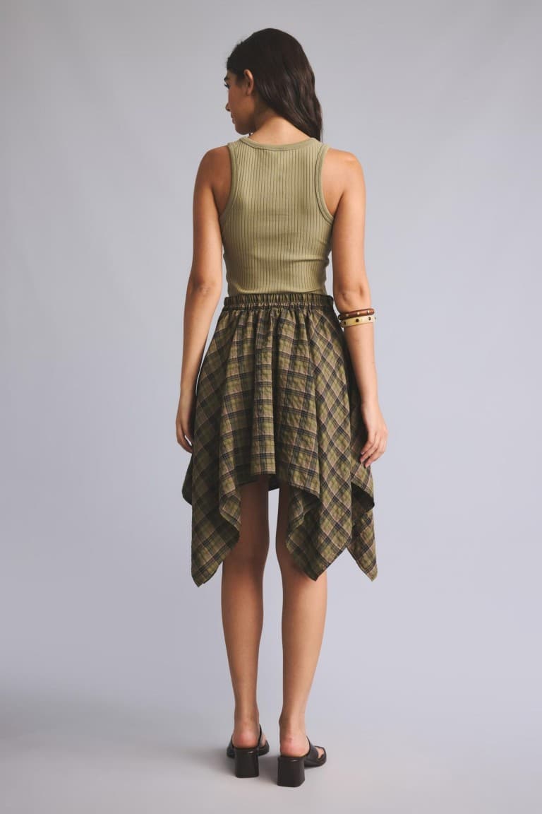 Cotton Asymmetrical Cut Check Normal Waist Mi Open Khaki Skirt