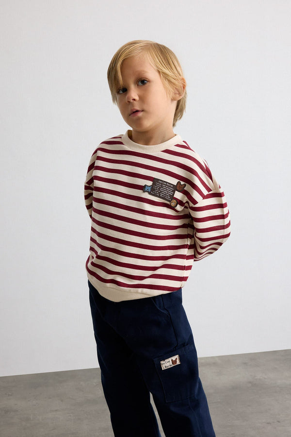 100% Cotton Striped Application Detailed Crew Neck Top Elastic Leg Bottom 2 Set Baby Boy