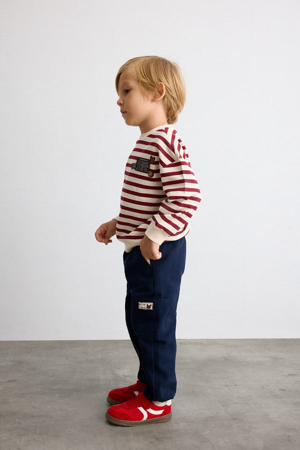 100% Cotton Striped Application Detailed Crew Neck Top Elastic Leg Bottom 2 Set Baby Boy