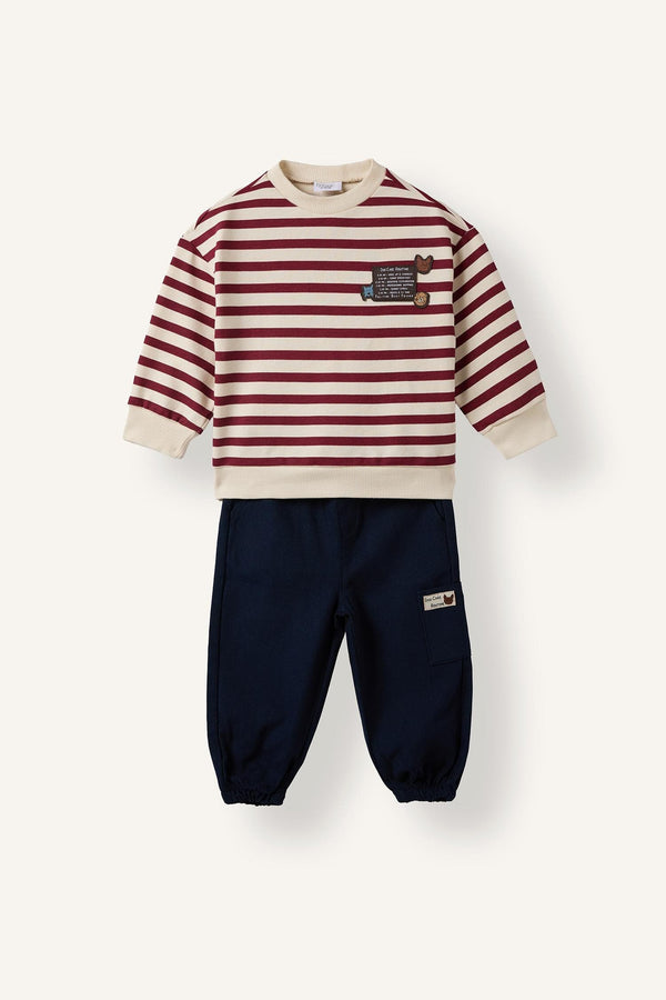 100% Cotton Striped Application Detailed Crew Neck Top Elastic Leg Bottom 2 Set Baby Boy