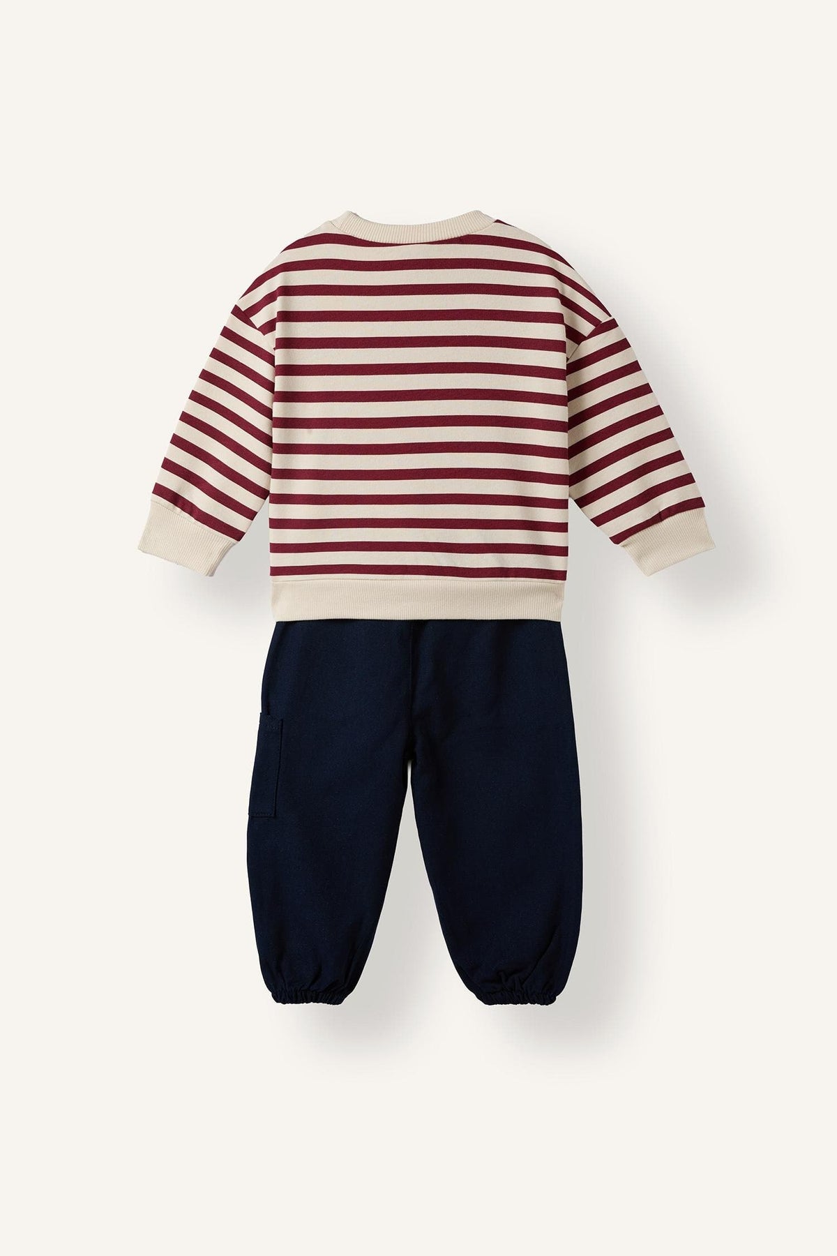 100% Cotton Striped Application Detailed Crew Neck Top Elastic Leg Bottom 2 Set Baby Boy