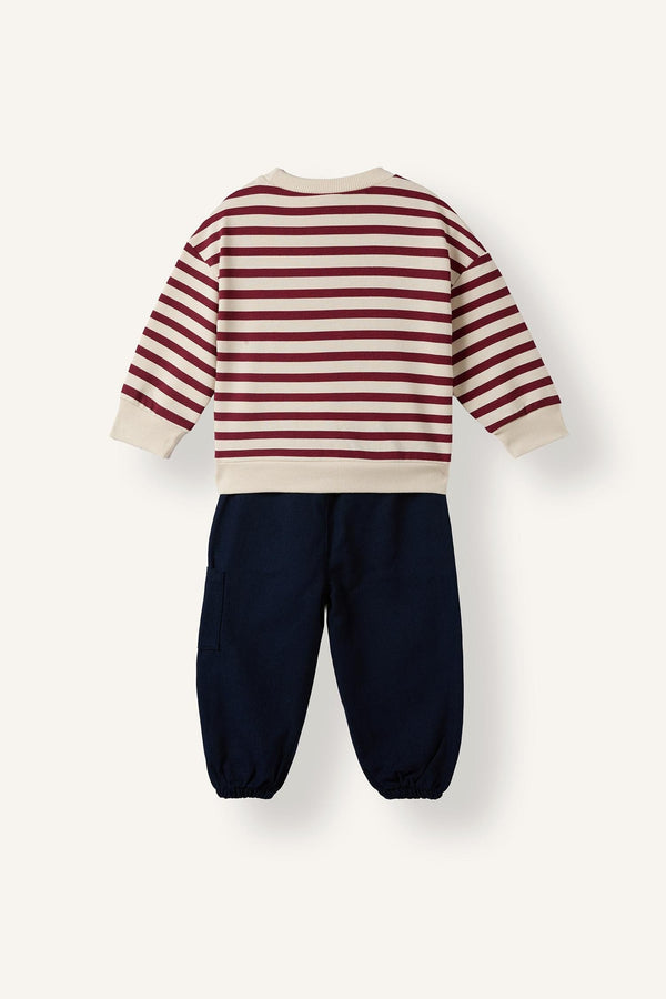 100% Cotton Striped Application Detailed Crew Neck Top Elastic Leg Bottom 2 Set Baby Boy